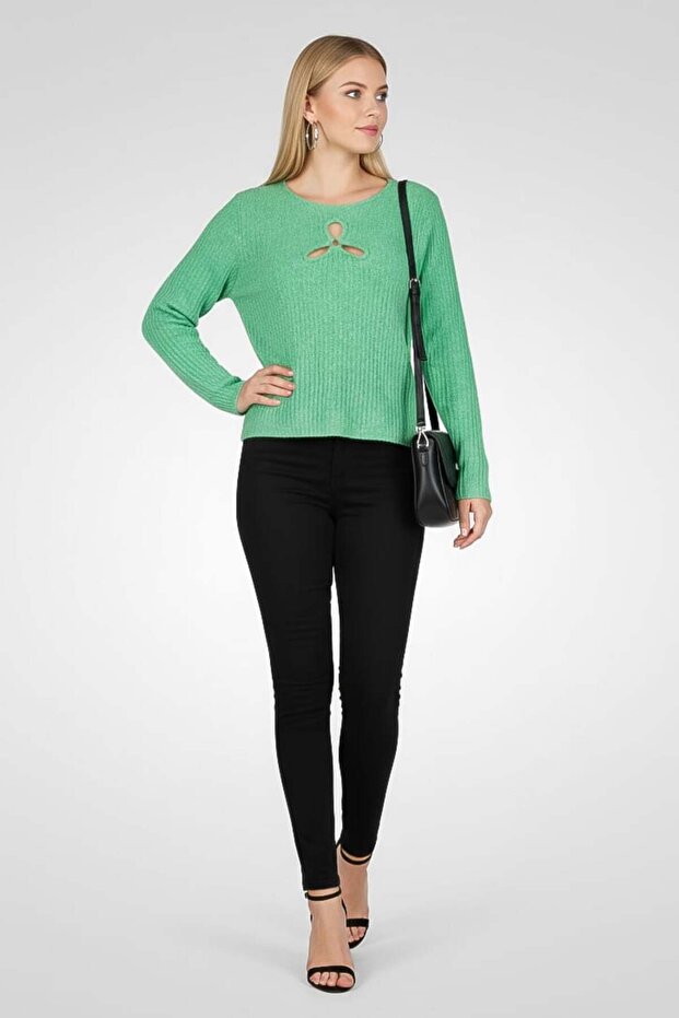 Women Round Neck Knitted Long Sleeve Sweater, Green