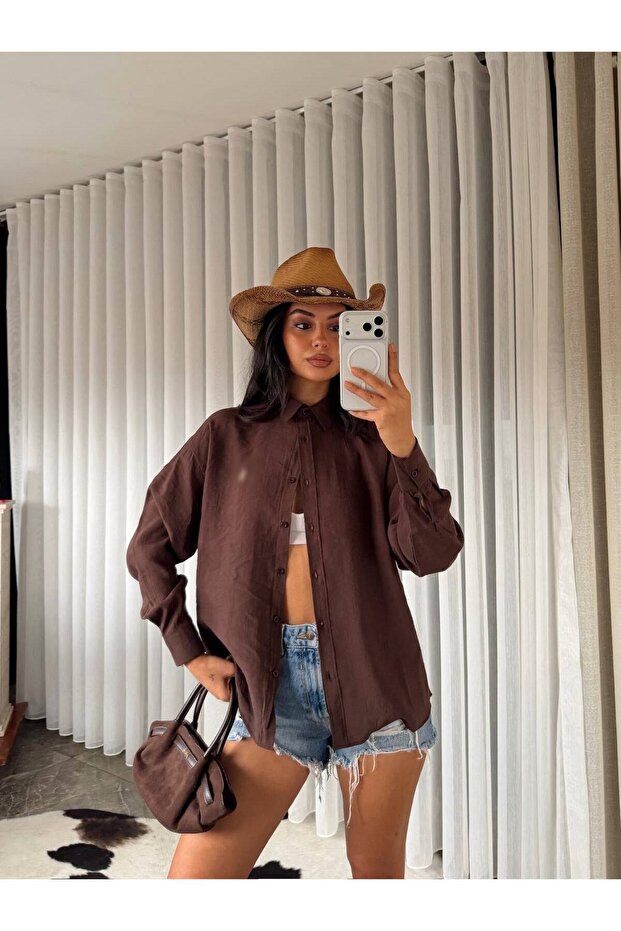 Polrala Brown Embroidered Modal Shirt