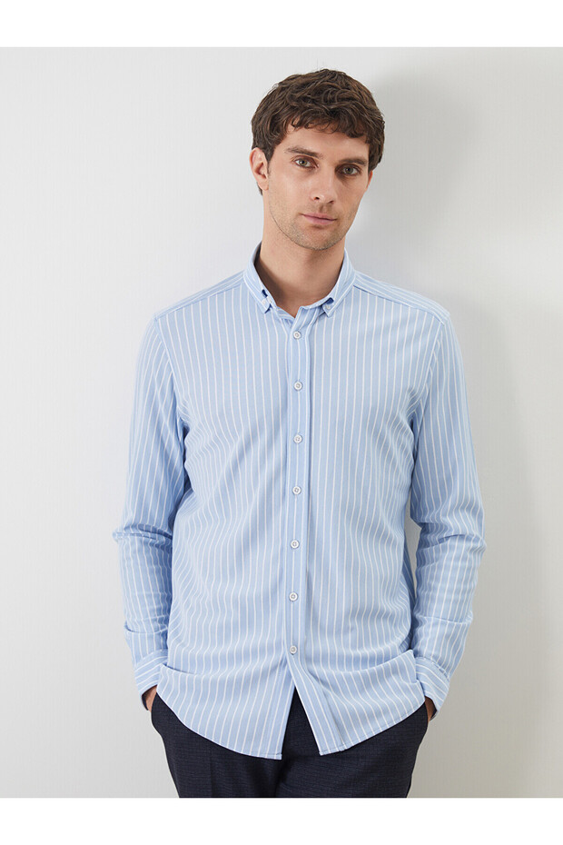 Nevavm Slim Fit Long Sleeve Striped Men's Shirt with Difference