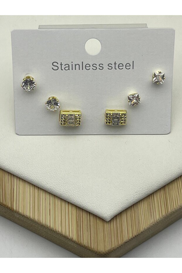 26clk34 baguette stone gold steel earring set