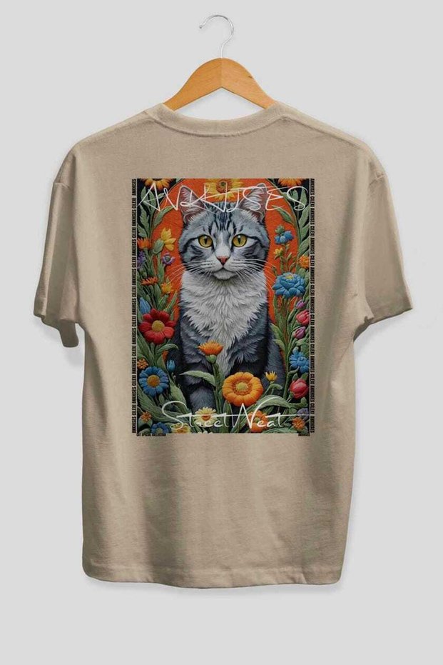 For the Love of Cats 76 Cat Printed Beige Oversize T-Shirt 100% Cotton Unisex Cat Lover Premium Design