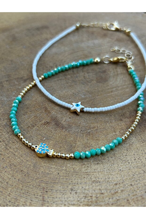 Crystal Beads Green White 2-Piece Set Women's Anklet