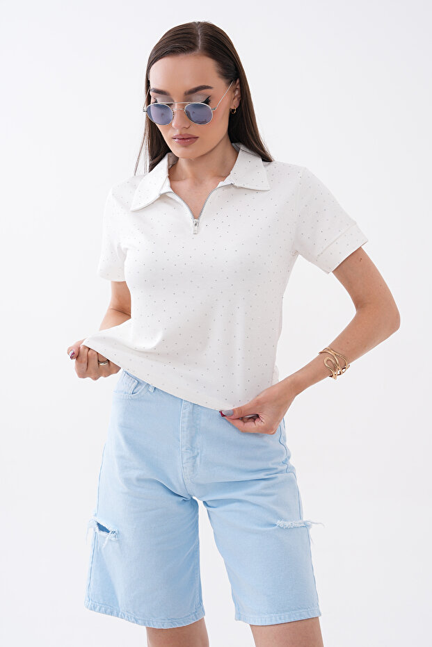 Half Zipper Stone Crystal Short Sleeve T-Shirt
