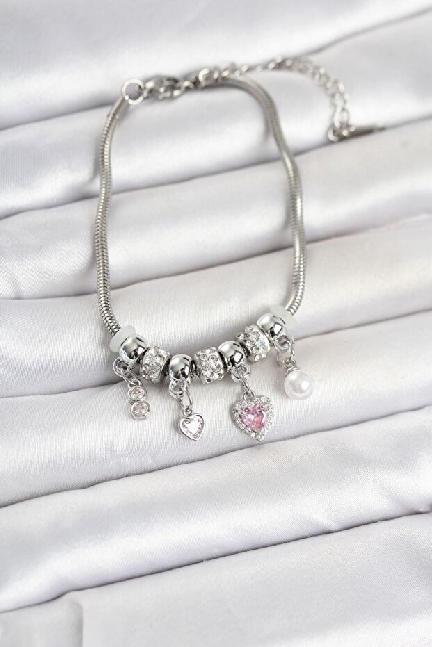 Brass Silver Color Heart Detailed Charm Women's Bracelet