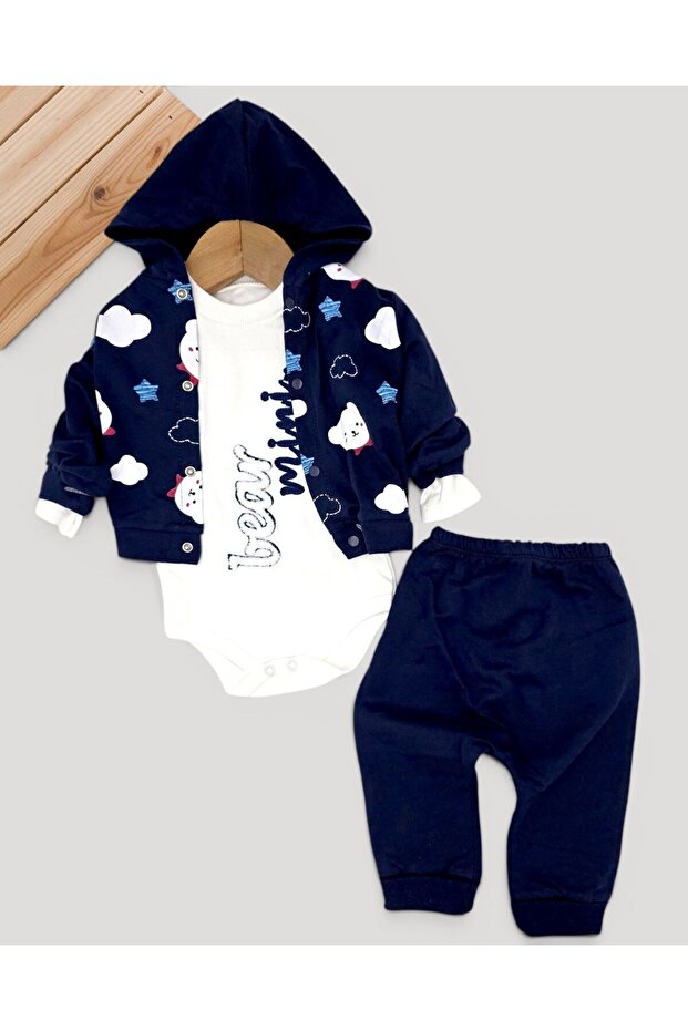 Baby Boy Mini Bear Patterned 3 Piece Seasonal Bodysuit Set / Top and Bottom Set Newborn