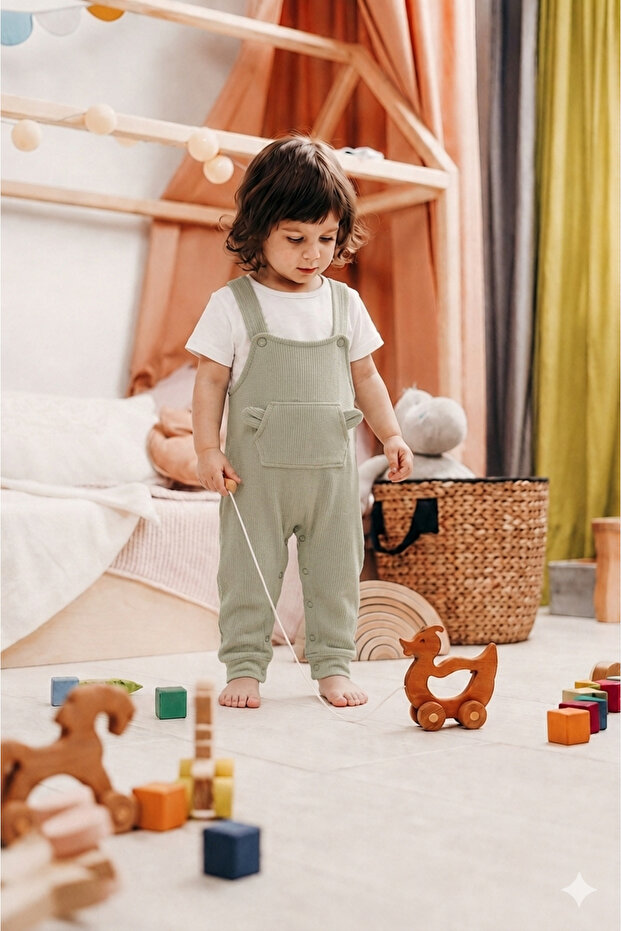 100% Cotton Baby Unisex Salopet Jumpsuit with Straps and Kangaroo Pocket