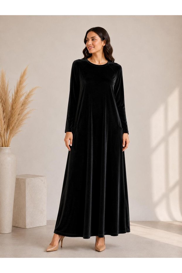 Long Sleeve Pocket Velvet Long Women's Dress