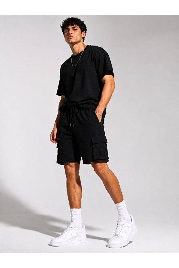 Men's Black Double Cargo Pocket Shorts Elastic Waist Casual Shorts