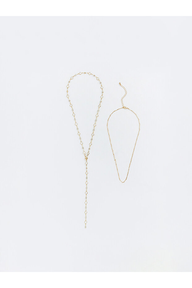 Yellow Y-Shaped and Chain Detailed Women's Double Necklace Set
