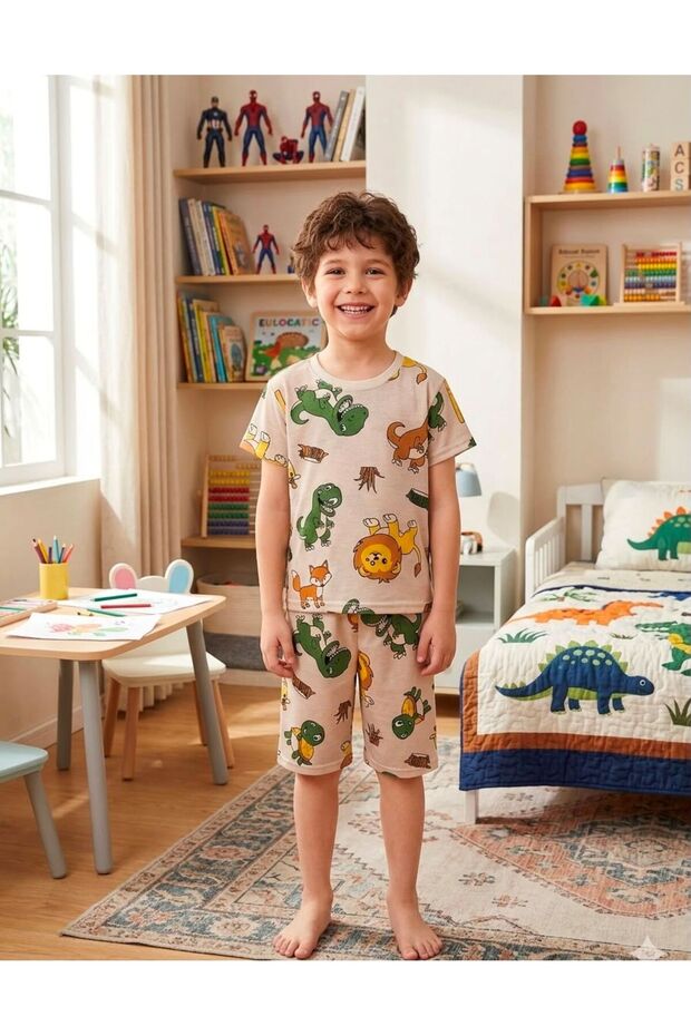 Boys' Cotton Beige Safari Patterned Short Sleeve Shorts Summer Pajama Set
