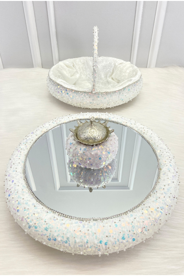 White Authentic Fabric and Sequined Velvet with Mirrors, Henna Night Tray Basket, Bridal Set, Wedding, Circumcision