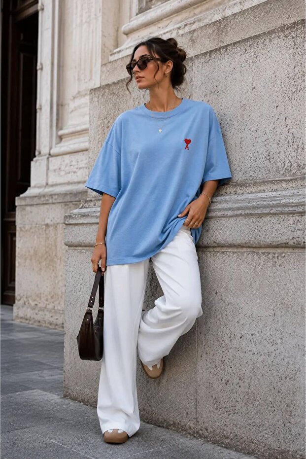 Women's Oversize 100% Cotton Embroidered Crew Neck T-Shirt