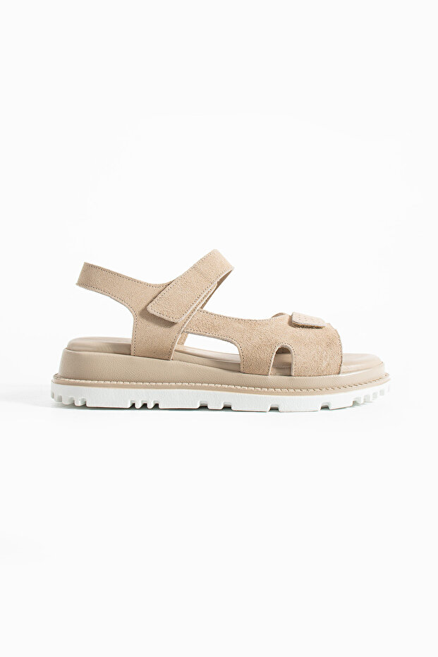 Velix Women's Velcro Strap Genuine Leather Sandals Beige Suede
