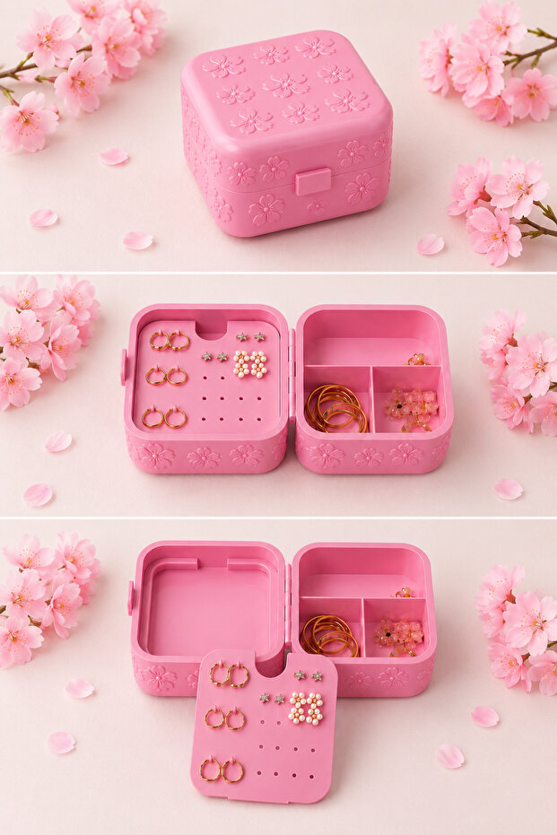 Mini Jewelry Box, Pink Jewelry Organizer with Flowers, Small Travel Storage Case
