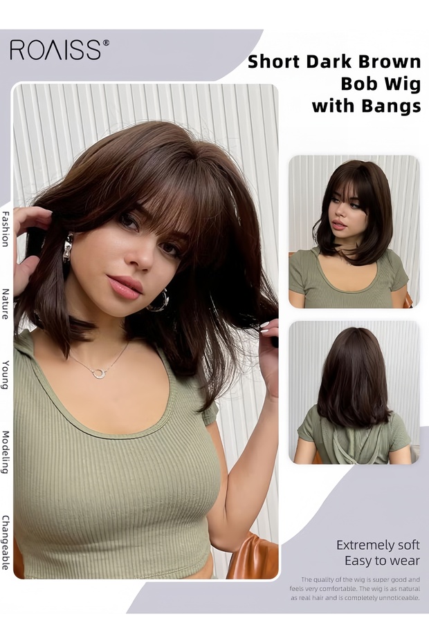 Short Dark Brown Bob Wig with Bangs Slightly Curly Hair Ends Natural Synthetic Hair Straight Wigs for Women Daily Party Cosplay Wear(35cm,Dark Brown)