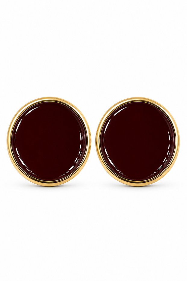 Women's Yellow Burgundy Enameled Steel Earrings - Round Casual Design