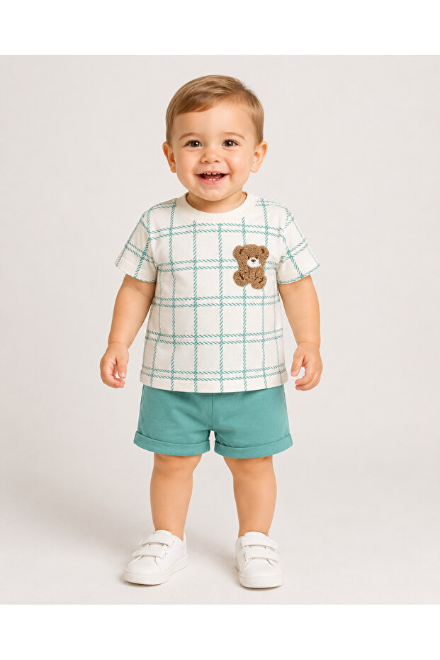 Baby Boy Plaid Bear Short Sleeve Top and Bottom Summer Baby Set 100% Cotton