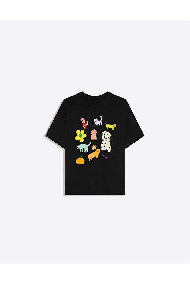 Pet Parade Printed Crew Neck Oversize Trendy Women's T-Shirt