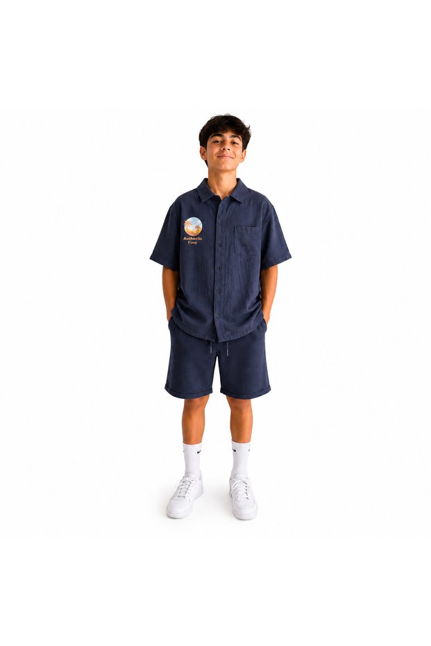 Boy's Linen Look Muslin Shirt Shorts Set Navy Blue