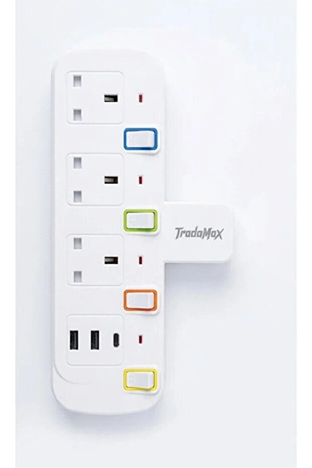 قابس بريطاني مع مخرج طاقة عالمي مزود بإضاءة LED، شريط طاقة متعدد المنافذ مع منفذ USB للشحن السريع، 10 أمبير، 2000 واط - أبيض