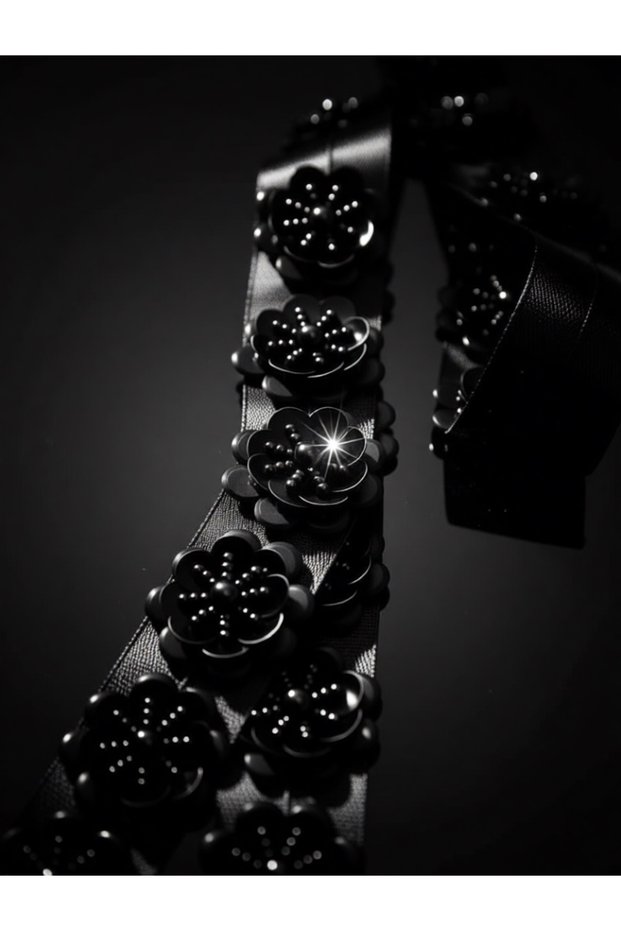 Black Shiny Bead Embroidered Flower Ribbon 1 Meter Gift Decoration Jewelry Buckle Material