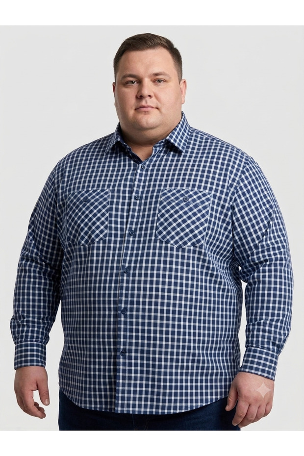 Battal Wide Cut Double Pocket Indigo Shirt