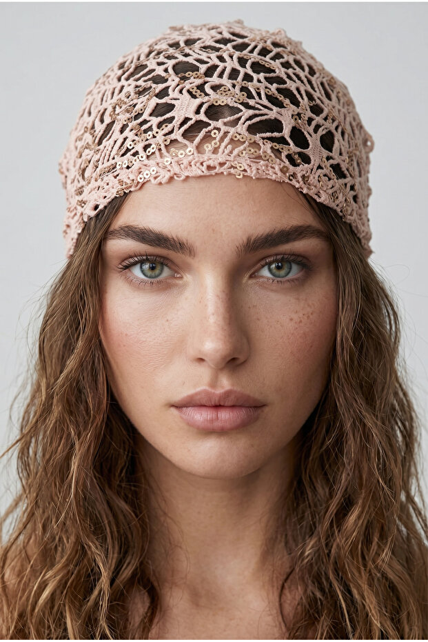 Salmon Sequin Triangle Knitted Bandana&Shawl