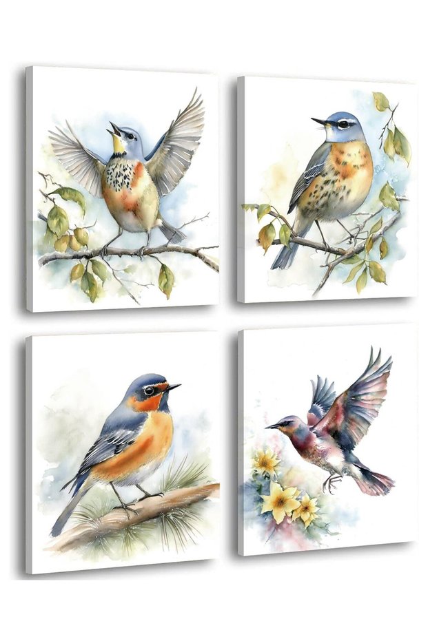 Framed Watercolor Bird Wall Art Set of 4, 8x10 inches Abstract Plants Flowers Birds Nature Canvas