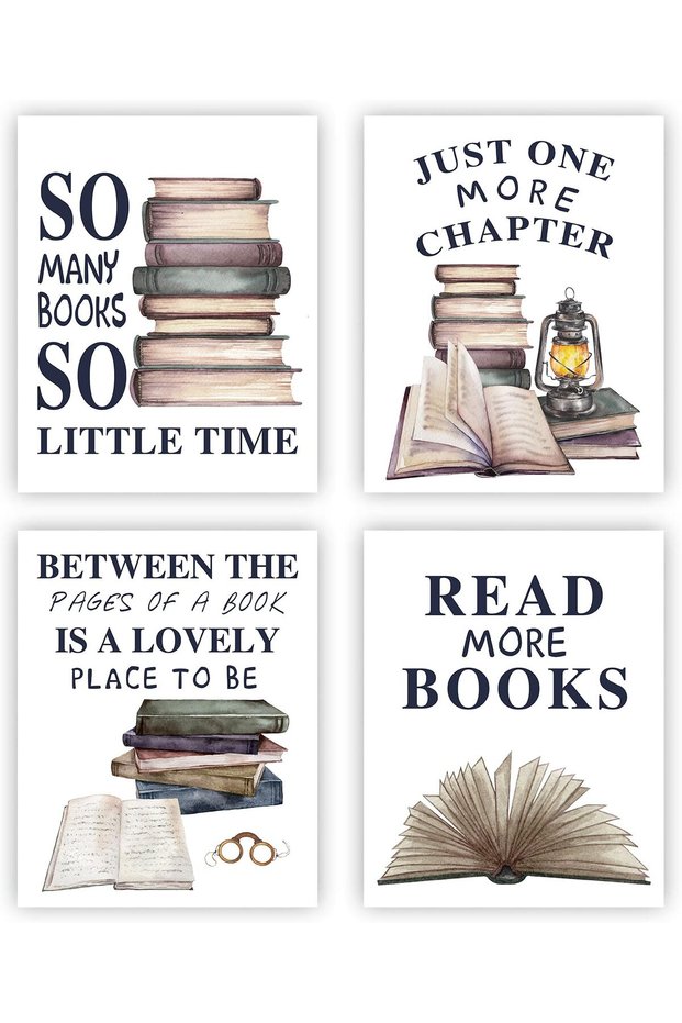 Alayra Vintage Reading Wall Art Set of 4 Canvas Prints 8x10 Inch Unframed Retro Book Club