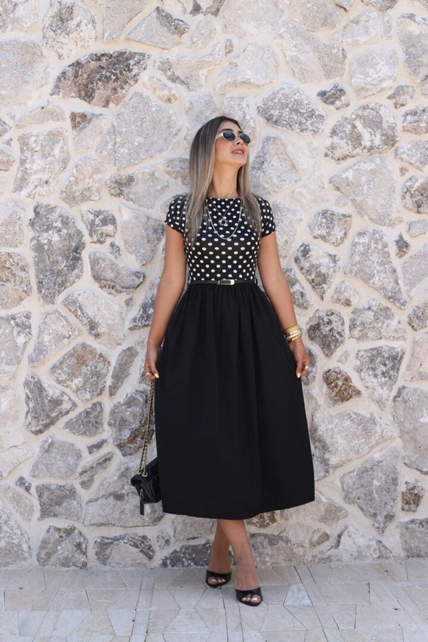 Black Polka Dot Short Sleeve Dress with Belted Flared Skirt