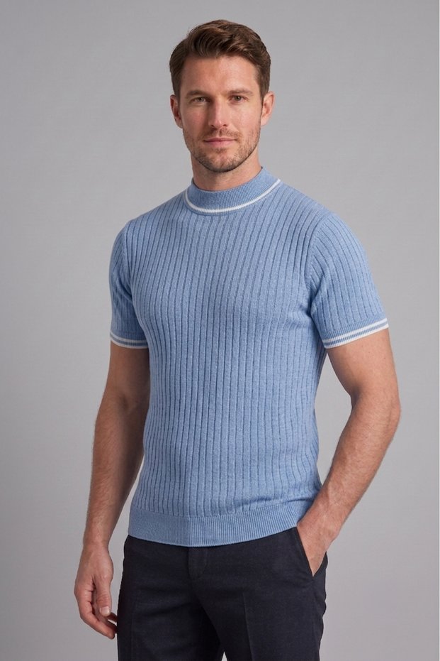 Men's Ribbed Knit Woven Short Sleeve T-Shirt Half-Throat Modern Summer T-Shirt - Black