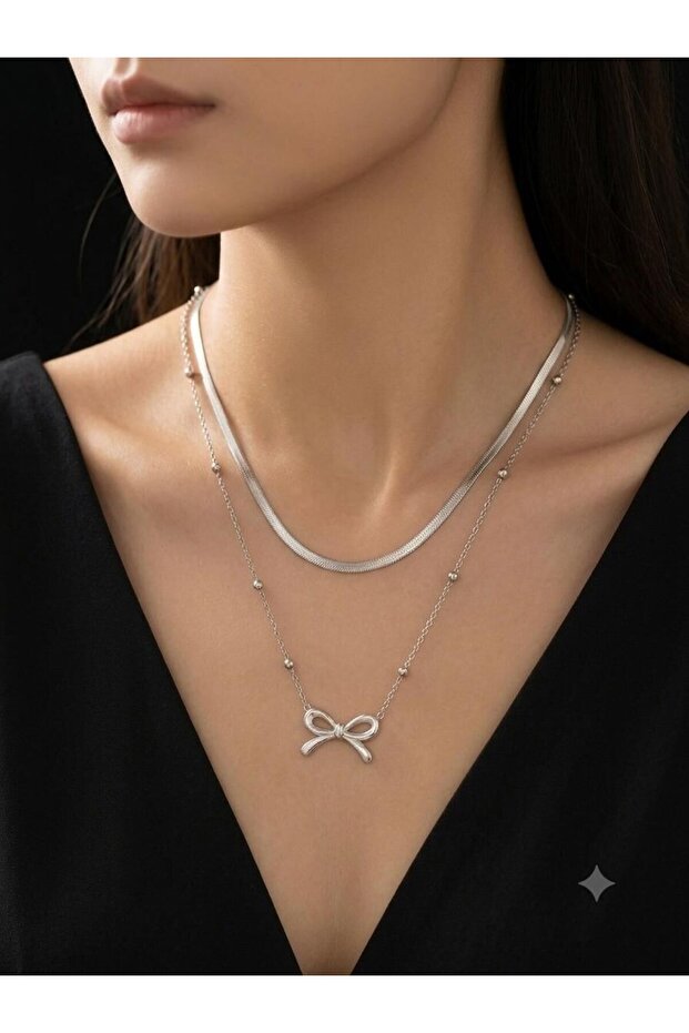 316l steel silver color two chain necklace
