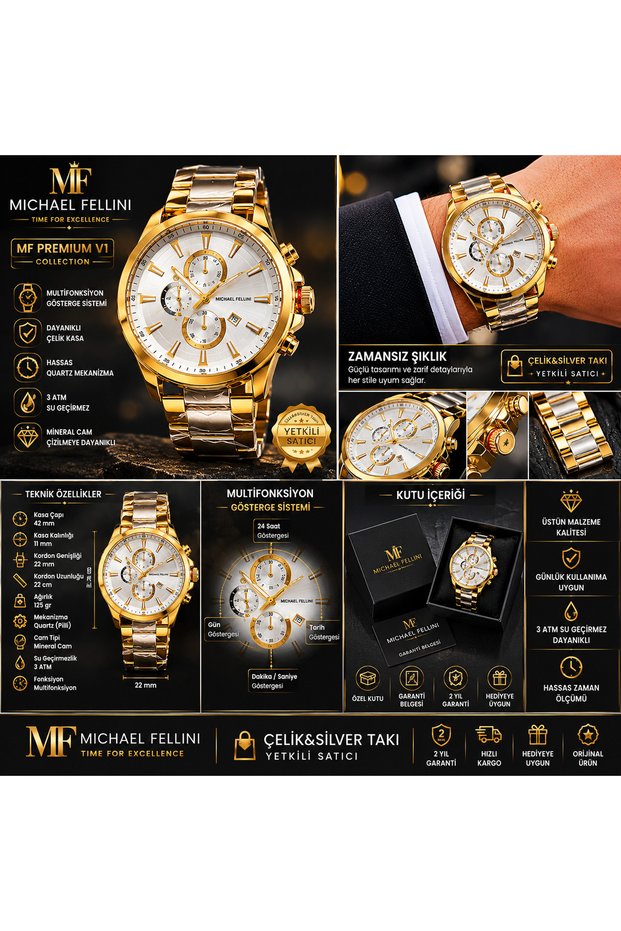 Men's Wrist Watch - Golden Color Steel Band Analog Watch 2279