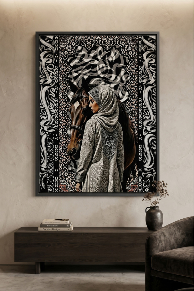 Arabian Horse Islamic Wall Art | Framed Canvas Print | Arabic Calligraphy Decor for Living Room, Bedroom, Office & Gift