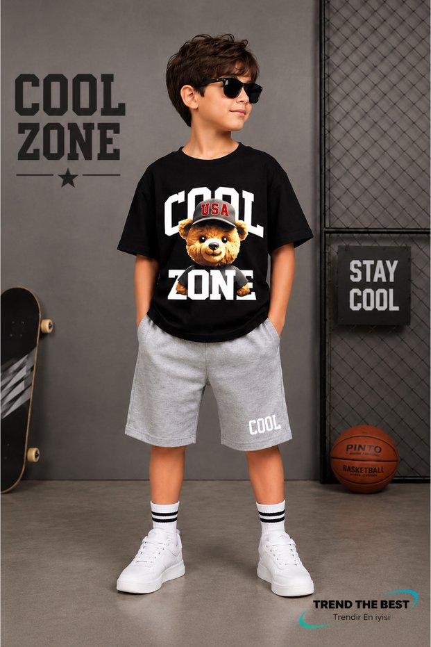 Summer Cool Zone Usa Hat Bear Printed Boys' Gray Shorts, Black T-Shirt Set