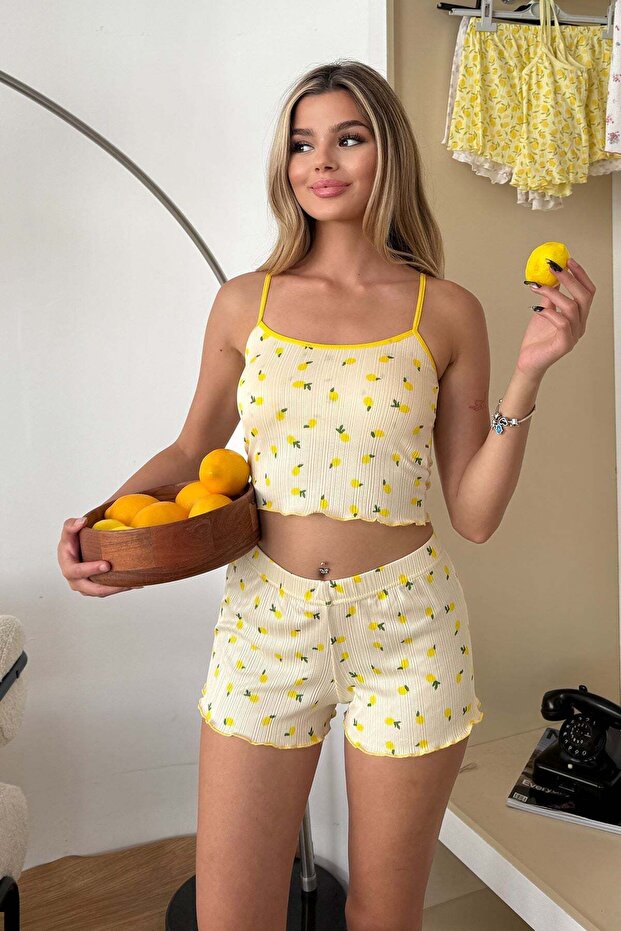 Women's Strappy Covered Lemon Patterned Shorts Pajama Set Yellow - 3403
