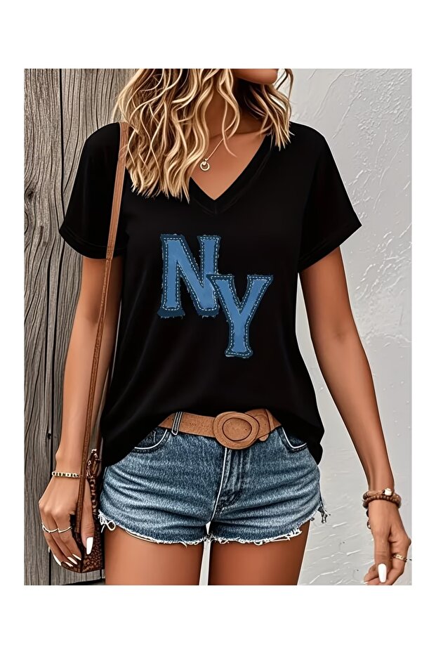 Women's V-Neck Ny Printed T-Shirt Oversize Casual
