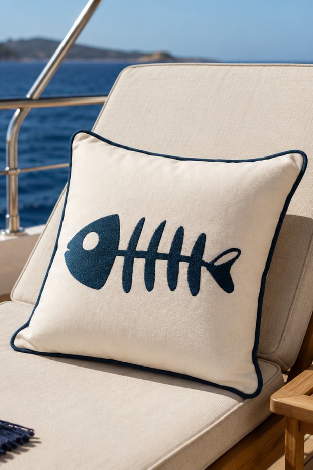 Fish Skeleton Embroidered Throw Pillow Cover Marine Decorative Pillow Case White Navy Blue 42X42 cm