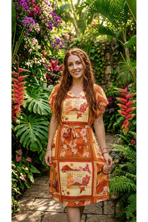 2349 Orange Ethnic Patterned Tie-Waist Low Sleeve Pocket Dress
