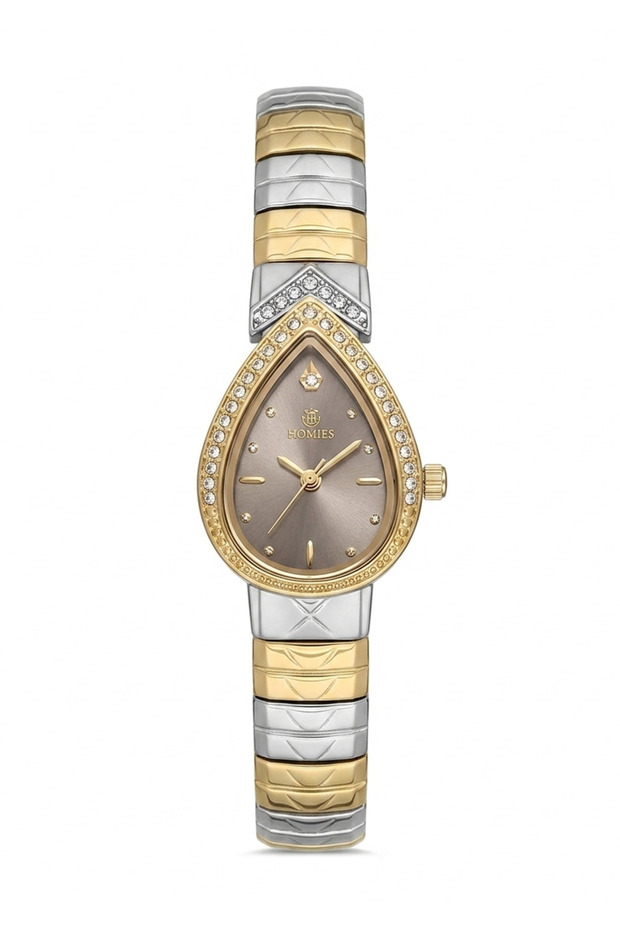 Women's Silver Gold Metal Cord Drop Case Smoked Dial Stone Detailed Wristwatch 2 Years Warranty