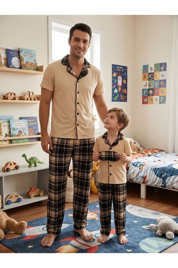 Father-Son Cotton Cream Coffee Plaid Pattern Shirt Collar Short Sleeve Pajama Set