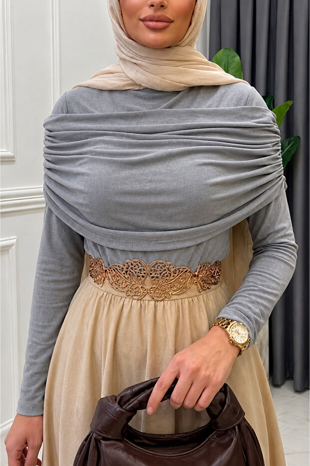 Gray Sandy Fabric Draped Collar Hijab Blouse • Women's Stylish Elegant Long Sleeve Modern Combination