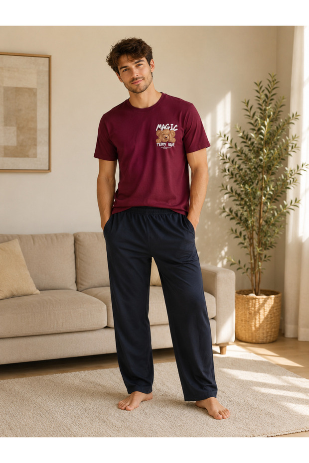 Men's Teddy Bear Printed Short Sleeve Pajama Set Claret Red Navy Blue Comfortable Home Wear
