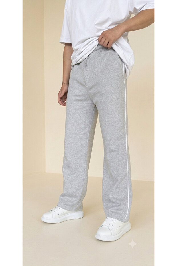 Unisex Black Baggy Loose Fit Thin Combed Cotton Sweatpants - White Stripes on the Side, Adjustable Elastic Cuffs