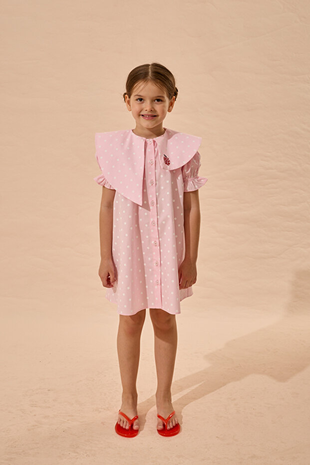 Polka Dot Asymmetrical Apple Embroidered Dress Pink