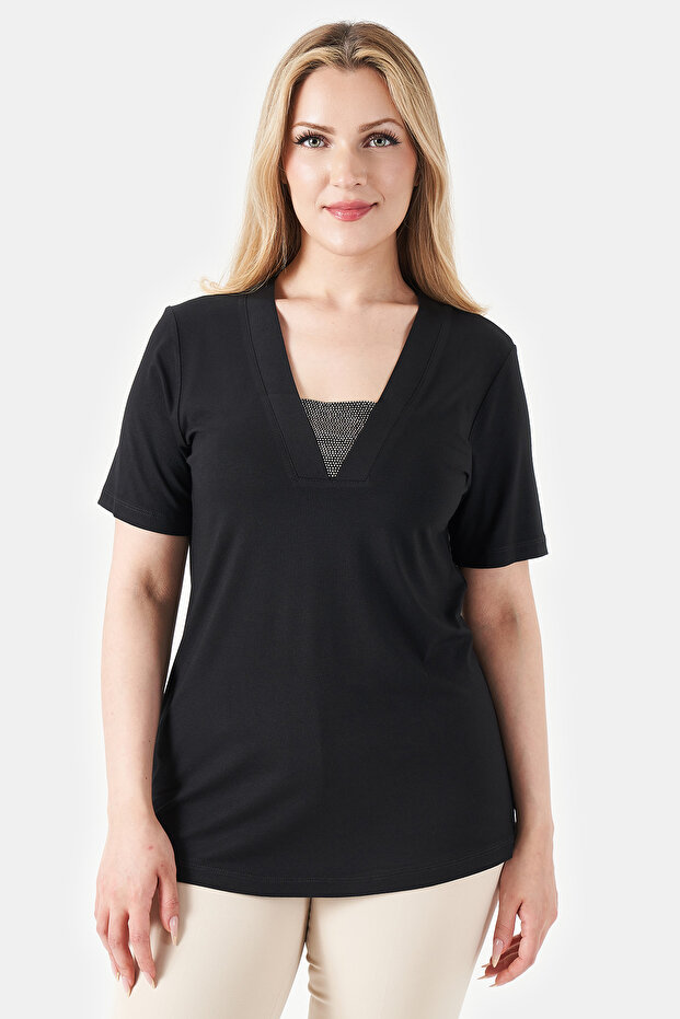 10835 Black Stone Printed Short Sleeve Knitted Blouse