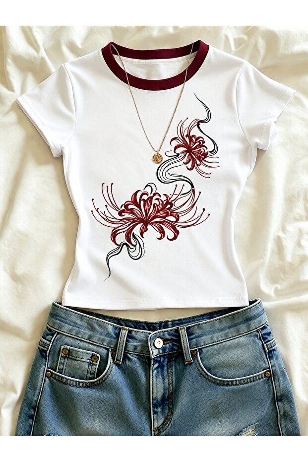 Women's Ivy Flower Printed Collar Detailed Lycra Short Sleeve Body Tee