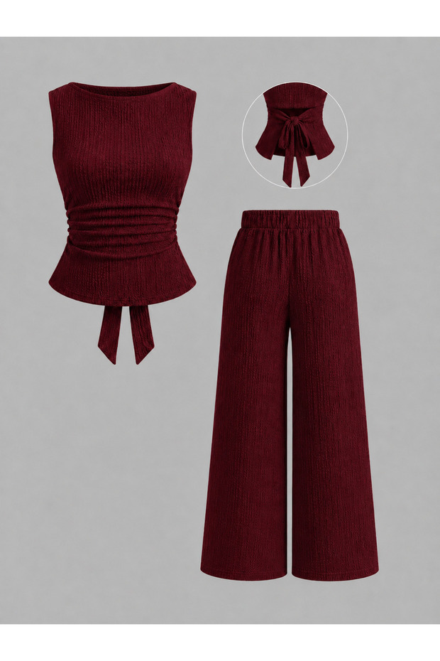 Burgundy Back-Tie Detailed Sleeveless Boat Neck Bottom Top Set