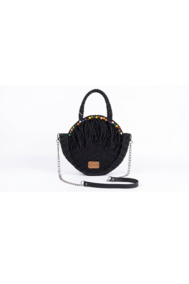 Handmade Daily Knitted Shoulder Bag with Paper String Fringes, Black Round