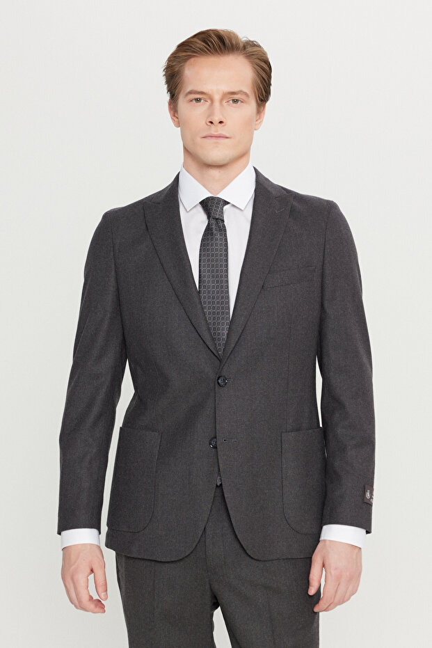 Men's Anthracite 100% Wool Slim Fit Tuxedo with Swallow Collar and Pocket